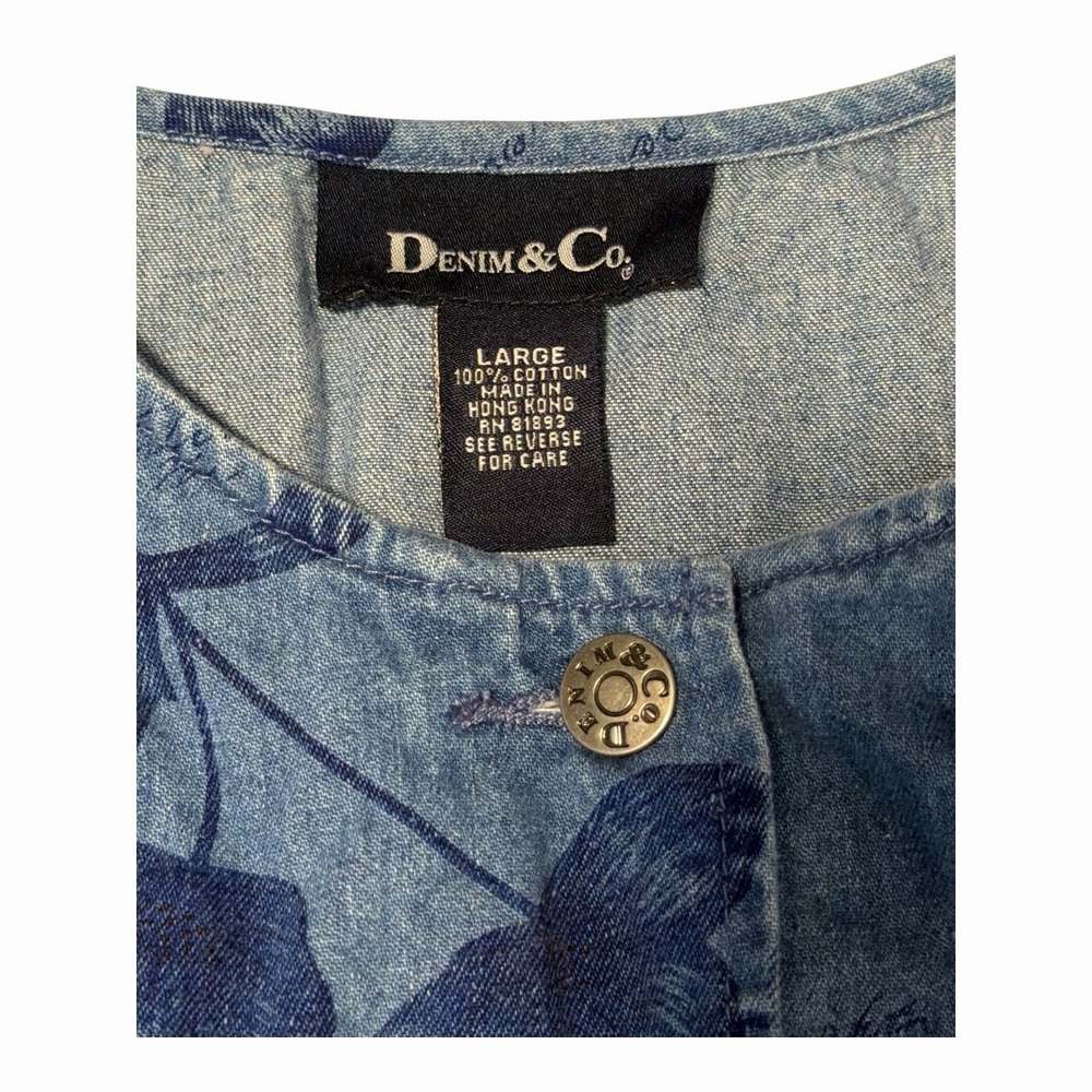 Denim & Co Blue Floral Chambray Button Front Midi Dress Large 100% Cotton - Picture 4 of 5